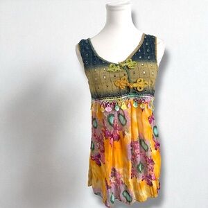 Vintage Boho Festival Tank Top – Patchwork Tie-Dye Floral Embroidered Tunic L